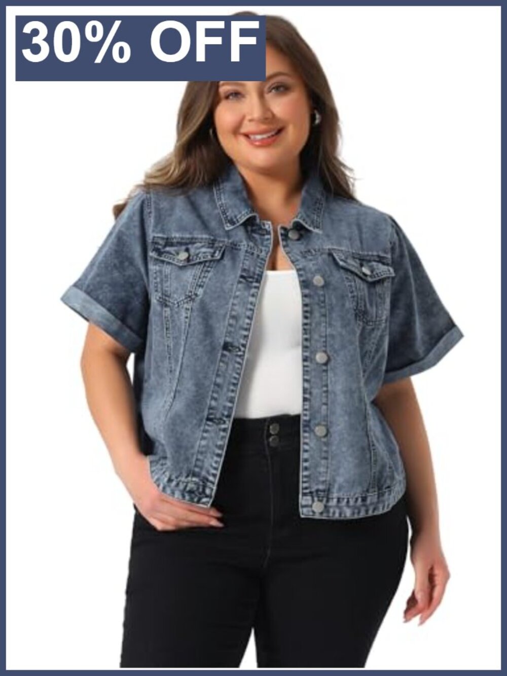 Women's Plus Size Short Sleeve Button Denim Jacket Casual Trucker Style